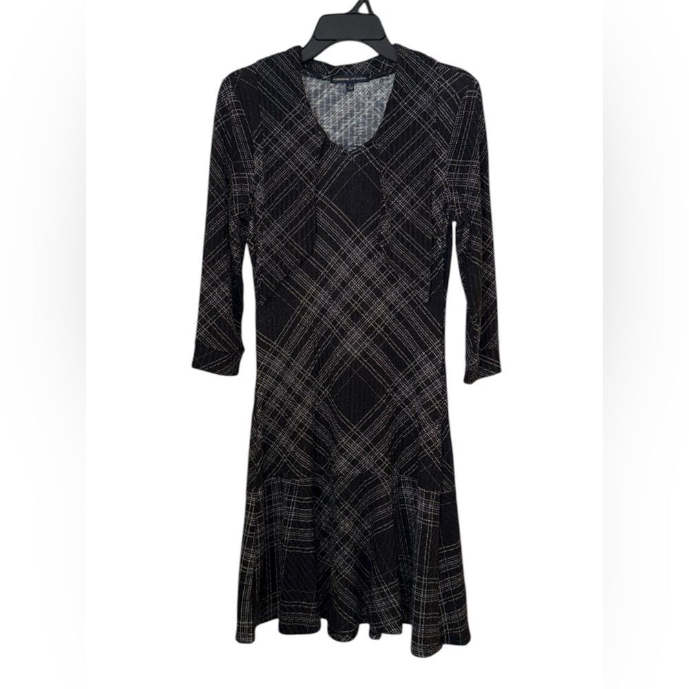 Adrienne Vittadini Plaid Knit Flounce Dress Sash Tie Neck Holiday Party chicane